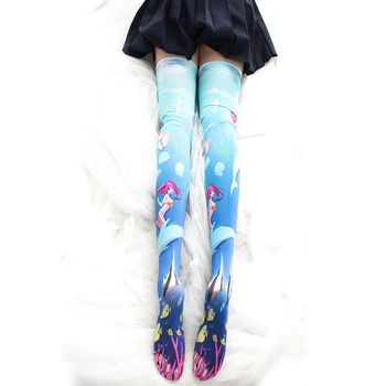 2019 Femei Basm Tema Ocean Tipărite Ciorapi Șosete Lolita Fete Coapsa Inalta Șosete Albastru Peste Genunchi Ciorap