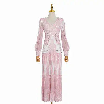 Noua Moda Roz Rochie Lunga Pentru Femei Nit Tipărite Talie Mare Maxi Elegant Vestidos Doamna V-neck Rochii de Partid de sex Feminin Primăvară Am