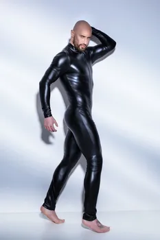 M-XXXL Noul Negru Lucios din Piele de Brevet Salopeta cu Fermoar Deschis Picioare Latex Catsuit Teddy Spandex Costume Clubwear Bărbați