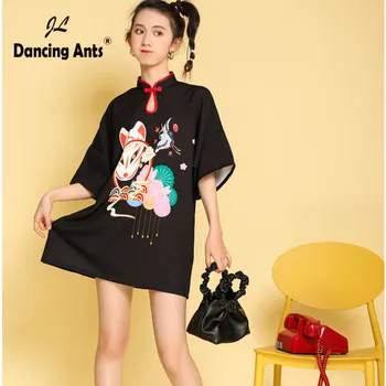 Femeie Stil Chinezesc Dress O-Linie Mandarin Guler Talie Mare Gol Afară De Mini-Lungimea De Imprimare Vara Vrac Femeie Rochii