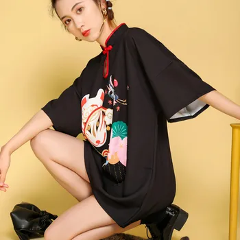 Femeie Stil Chinezesc Dress O-Linie Mandarin Guler Talie Mare Gol Afară De Mini-Lungimea De Imprimare Vara Vrac Femeie Rochii
