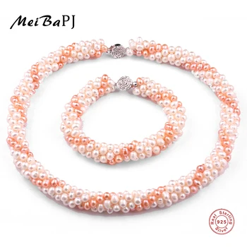 [MeiBaPJ]Nou de Mână Tricot de Culoare Amestecat Naturale de apă Dulce Pearl Seturi de Bijuterii Argint 925 Fine Bijuterii de Nunta pentru Femei