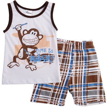 Copii copilul Baieti Set Haine de Vară fără Mâneci Gât Rotund Monkey T-shirt, Bluze Pantaloni Carouri Haine de Bumbac 2 buc Utilaje
