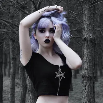 Goth Tricou Femei de Vară Stil Întuneric Lanț de Metal Fermoar Maneci Scurte Crop Top Tricouri