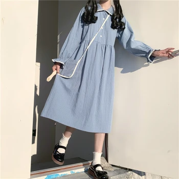Stil japonez Dulce Albastru femei rochie de vara cu Maneca Lunga ins papusa guler Kawaii Lolita Rochie Mori Fată Drăguță Primavara Toamna