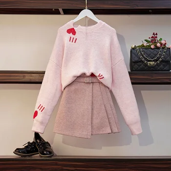 Stil Preppy Liber de Tricotat Model de Inima Pulover de Sus + Eșarfe Lână Fusta a-line Mini Femeile la Modă 2 Bucata Set Fusta Roz Set