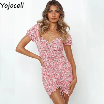Yojoceli Sexy volan scurt femei bodycon rochie de vara Casual beach club dulce rochie de imprimare Florale mini shirred dress vestidos