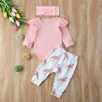 Pudcoco de Valori din SUA Noua Moda Copii Sugari Baby Girl Romper Maneca Lunga O-Gât Topuri + Pantaloni Lungi Flamingo 3PCS Set Haine Haine