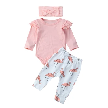 Pudcoco de Valori din SUA Noua Moda Copii Sugari Baby Girl Romper Maneca Lunga O-Gât Topuri + Pantaloni Lungi Flamingo 3PCS Set Haine Haine