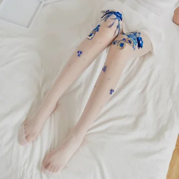 Cherry Blossom Blue Demon Ji stilul Subțire Jambiere, ciorapi Sexy, ciorapi de mătase croșetate broderie flori de femeie ciorapi