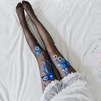 Cherry Blossom Blue Demon Ji stilul Subțire Jambiere, ciorapi Sexy, ciorapi de mătase croșetate broderie flori de femeie ciorapi