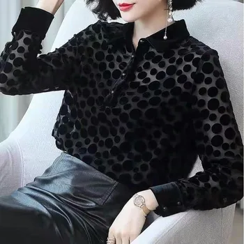 Negru polka dot shirt femei 2020 toamna și iarna bluză nouă bottom tricou solid rândul său, în jos guler maneca lunga