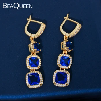 BeaQueen Trendy Culoare Aur Galben Pătrat Tăiat CZ Lung Picătură Cercei Royal Blue zircon Cristal Bijuterii pentru Femei E095