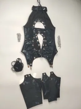 Femei Sexy Negru din Piele din PVC Latex Catsuit Deschis Picioare Elastice Wetlook PU Lenjerie Body Clubwear Salopete Erotic Salopete