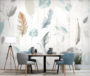 Personalizate 3D tapet, picturi murale Nordic plante frunze pene minimalist modern scândură de lemn cereale lemn TV dormitor peretele din fundal