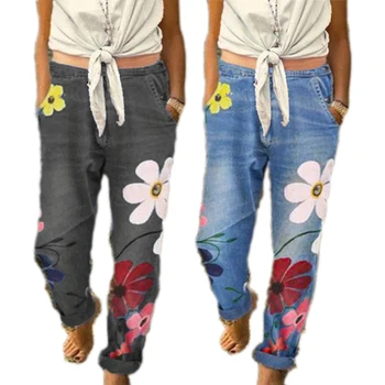 Moda Chic pentru Femei Pantaloni din Denim Florale Imprimate Casual, Blugi Fată de Flori Direct Vintage High Street Pantaloni pentru femei blugi