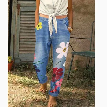 Moda Chic pentru Femei Pantaloni din Denim Florale Imprimate Casual, Blugi Fată de Flori Direct Vintage High Street Pantaloni pentru femei blugi