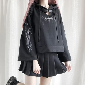 Harajuku Streetwear Supradimensionate Hoodies Femei Punk Gotice Kawaii Negru Scurt Jachete Fete Adolescente Grafic Amuzant Trunchiate Pulover