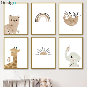 Nordic Postere Si Printuri Urs, Elefant, Girafa Lenea Soare Curcubeu Arta De Perete Panza Pictura Desen Animat Poze De Perete Decor Camera Pentru Copii
