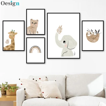 Nordic Postere Si Printuri Urs, Elefant, Girafa Lenea Soare Curcubeu Arta De Perete Panza Pictura Desen Animat Poze De Perete Decor Camera Pentru Copii