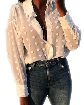 Femei Solide De Culoare Elegant Cu Maneca Lunga Cu Buline Tricou Vrac Mic Ghemotoc De Blană Decor De Moda Moale Tricou Casual 2020 Fierbinte De Vânzare