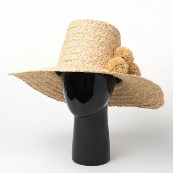 Hand-made rafie mare minge de blana decor pălărie margine largă pălărie de protecție solară pentru femei femei de vara capace