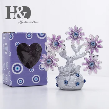 H&D Fengshui Norocos albastru turcesc Albastru deochi Copac Floare Figurina de Protecție pentru Bani pentru Avere Feliuta de Avere Sac de Noroc Cadou