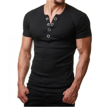 Henley T-Shirt pentru Bărbați 2020 Moda de Vară V Gâtului Scurt Maneca Tee Camasa Barbati Casual Slim Fit Buton de Metal Design Mens T-shirt XXL