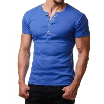 Henley T-Shirt pentru Bărbați 2020 Moda de Vară V Gâtului Scurt Maneca Tee Camasa Barbati Casual Slim Fit Buton de Metal Design Mens T-shirt XXL