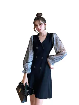 COIGARSAM Mozaic Femei dintr-o bucata rochie coreeană Nou de Tricotat Flare Sleeve Dintata Dublu Rânduri de Plasă de Talie Mare Rochii Negre
