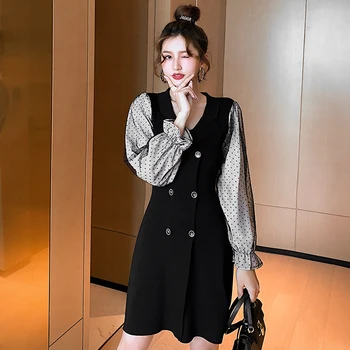 COIGARSAM Mozaic Femei dintr-o bucata rochie coreeană Nou de Tricotat Flare Sleeve Dintata Dublu Rânduri de Plasă de Talie Mare Rochii Negre