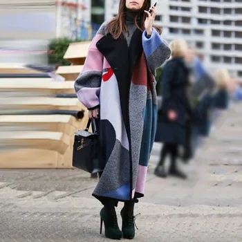 Iarna 2020 Noua Culoare-blocarea Rever tipar Digital Haina Jacheta Femei neajutat de Moda Elegant Cald Și Haină Lungă S-3XL