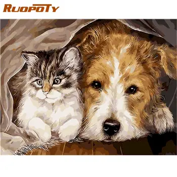RUOPOTY DIY Pictură în Ulei De Numere Pentru Adulți Câine Pisica În Sac Imagine Număr Manual 60x75cm Încadrată Pe Panza Perete Artcraft
