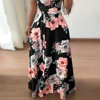 RANLEGE Femei Rochie de Vară 2020 Casual cu Maneci Scurte Rochie Lunga Boho Imprimare Florale Maxi Rochie Guler Rochii Elegante Vestido