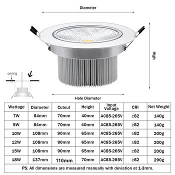 [DBF]de Argint Corpul Rotund Estompat LED Încastrat tip Downlight 7W 9W 12W 15W 18W COB Plafon de Lumină Spot cu LED Driver de Iluminat Interior