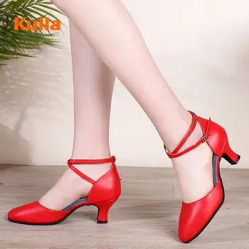 Salsa Dans latino Pantofi Femei Sala de Dans Pantofi de Nunta Roșu Închis Toe cu toc inalt de 3 cm 5 cm Feminin Tango Dans Pantofi