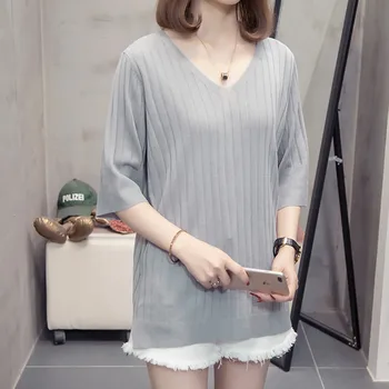 Plus Dimensiune Topuri Tricotate T-Shirt Femei la Modă de Vară 2020 Skinny V Gatului Maneca Scurta Split Supradimensionate de Culoare Solidă coreean T-shirt