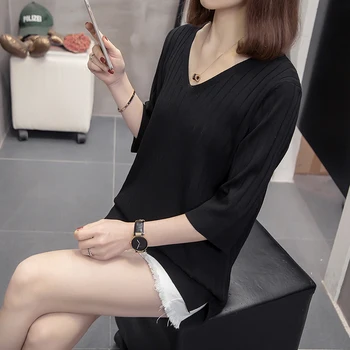 Plus Dimensiune Topuri Tricotate T-Shirt Femei la Modă de Vară 2020 Skinny V Gatului Maneca Scurta Split Supradimensionate de Culoare Solidă coreean T-shirt