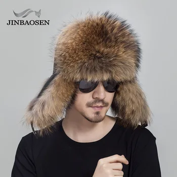 JINBAOSEN rusă din piele leather bomber pălărie bărbați pălărie de iarnă căști căști pălării pentru bărbați naturale blană de raton vulpe neagră pălărie
