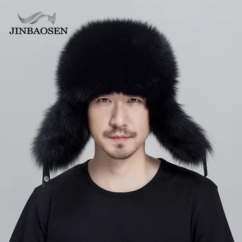 JINBAOSEN rusă din piele leather bomber pălărie bărbați pălărie de iarnă căști căști pălării pentru bărbați naturale blană de raton vulpe neagră pălărie