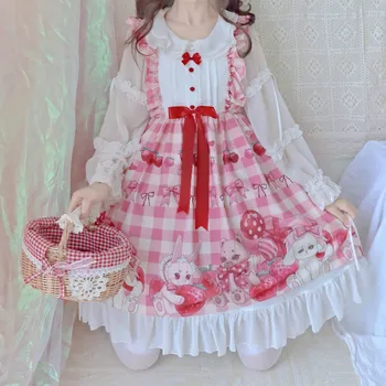 Japonia Kawaii Roz Lolita Dulce de Căpșuni fără Mâneci JSK Iepure Drăguț Dulce Lolita JSK Rochie Fete Princess Party Cosplay Dress