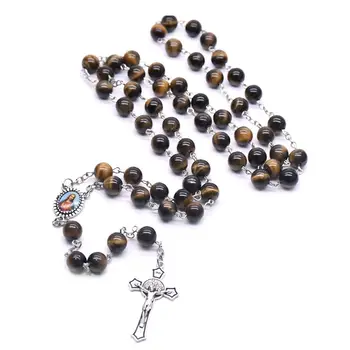 Rugăciunea Rozariului, Șirag De Mărgele De Ochi De Tigru Piatra Colier Cruce Creștină Norocos Amuleta Bijuterii