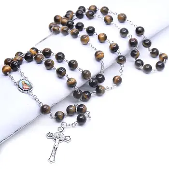 Rugăciunea Rozariului, Șirag De Mărgele De Ochi De Tigru Piatra Colier Cruce Creștină Norocos Amuleta Bijuterii