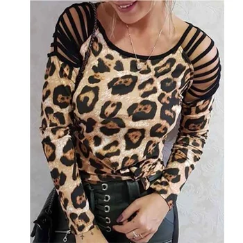 Leopard de Imprimare Ciucuri Sleeve T-shirt Doamna Taie Maneca Lunga tricou Femei Casual O de Gât Topuri de Vara Femei Haine 2019