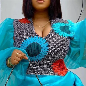2XL Plus Dimensiune Africa de Moda Rochie de Petrecere Femei Florale Imprimare Albastru ochiurilor de Plasă Lantern Maneca de Seara Elegante, Sexy Bodycon Rochii 2020