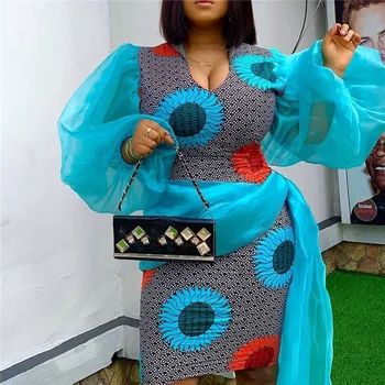 2XL Plus Dimensiune Africa de Moda Rochie de Petrecere Femei Florale Imprimare Albastru ochiurilor de Plasă Lantern Maneca de Seara Elegante, Sexy Bodycon Rochii 2020
