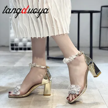 Cristal sandale cu tocuri joase Femei Sandale 2021 Pantofi de Vara pentru Femei sandale de Cristal Indesata Sandale tocuri femei de aur feliuta