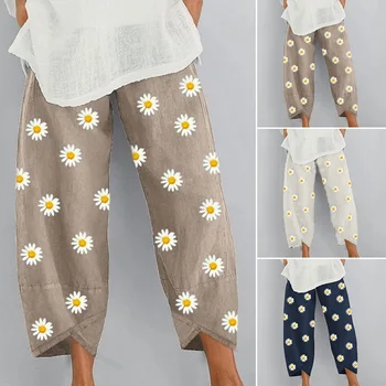 Imprimate Pantaloni Lungi Femei Mici Daisy Lenjerie De Pat Din Bumbac Casual Plaja Pantaloni Largi Pantaloni De Vară 2020 Epocă Etnice Pantalonasi, Pantaloni