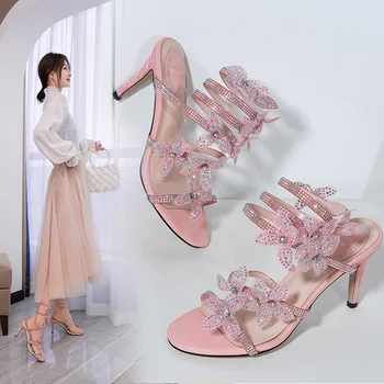 Autuspin piele de Oaie pentru Femei Sandale Roz Floare Pantofi de Nunta Elegante Femei Gladiator de Vară de Moda Tocuri cui Petrecere Casual Pompe