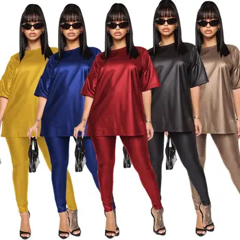 Moda Noua Culoare Solidă femeii din Imitație de Piele Sexy Multicolor Ol Haine Largi cu Maneci Scurte T-shirt Și Strâns Pantssuit2020